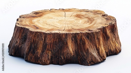 A wooden tree stump with rough edges and a smooth top surface, showcasing natural grain patterns and signs of aging. photo