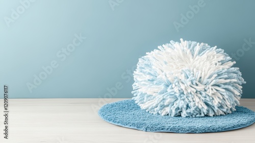 A soft, fluffy ball of yarn rests comfortably on a vibrant blue rug, showcasing its texture and color contrast in a cozy setting.