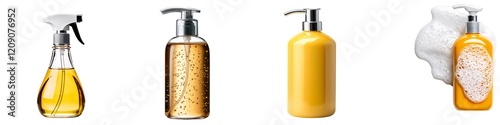 Wallpaper Mural Cleaning Supplies collection. Four bottles of liquid soap and cleaning products in various designs and shades, arranged neatly for display. Torontodigital.ca