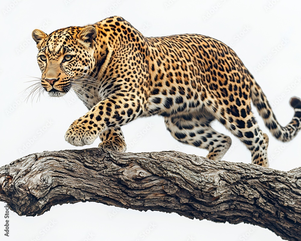 Obraz premium Majestic leopard climbing down a tree trunk on a white background its spots striking