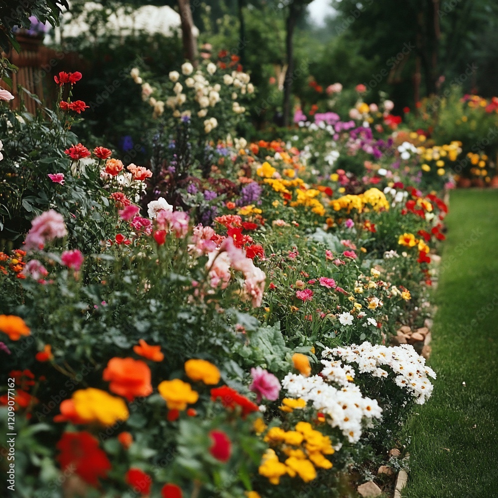 Obraz premium Vibrant flowerbed blooms in garden, lush green lawn background, home landscaping