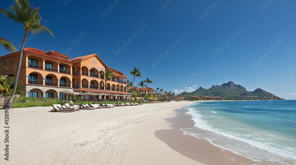 Fototapeta premium Beachfront resort, tropical ocean view, sunny day, relaxation, travel brochure