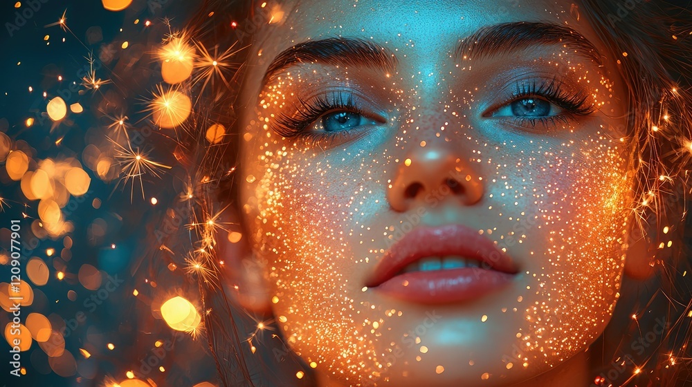 A womans face adorned with sparkling golden light A womans face adorned with sparkling golden light