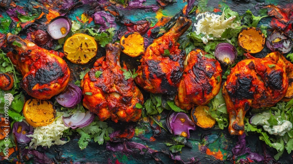 Fototapeta premium A dramatic close-up of a sizzling tandoori chicken, with charred edges and vibrant colors, served on a platter with fresh salad and mint sauce for dipping
