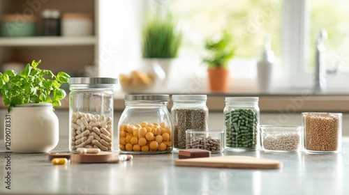 Wallpaper Mural A modern kitchen counter with eco-friendly dietary supplements and glass jars for storage Torontodigital.ca