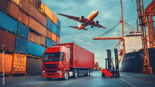 Red truck, cargo plane landing, port, global shipping
