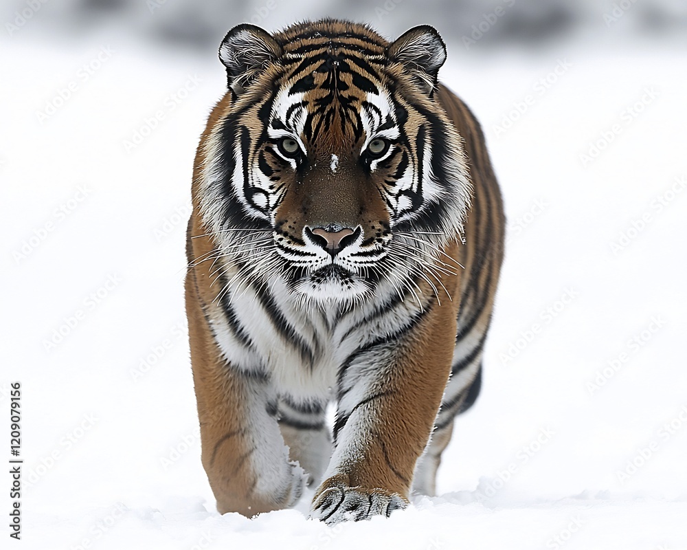 Obraz premium Majestic Siberian tiger standing confidently on a pure white background with sharp stripes and piercing eyes