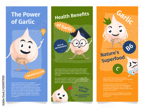 A template for a leaflet promoting the health benefits of garlic, highlighting its nutritional value and antioxidant properties.