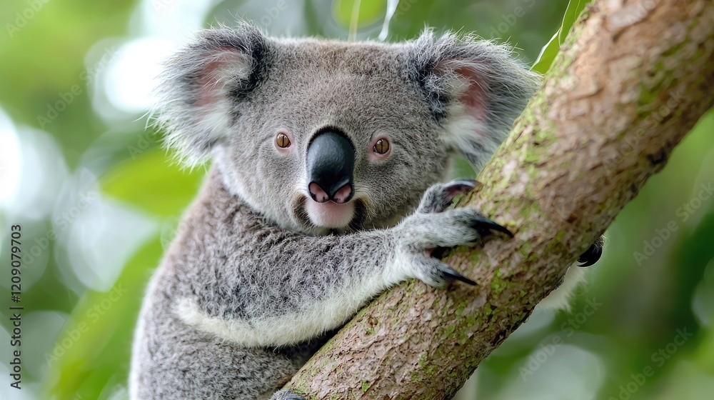 Naklejka premium Koala on tree branch, Australian rainforest background, wildlife photography for nature documentaries