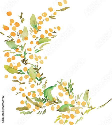 手描きのミモザイラスト。水彩タッチのミモザベクターイラスト。ミモザの春フレーム背景。Hand drawn mimosa illustration. Mimosa vector illustration with watercolor touch. Mimosa spring frame background.