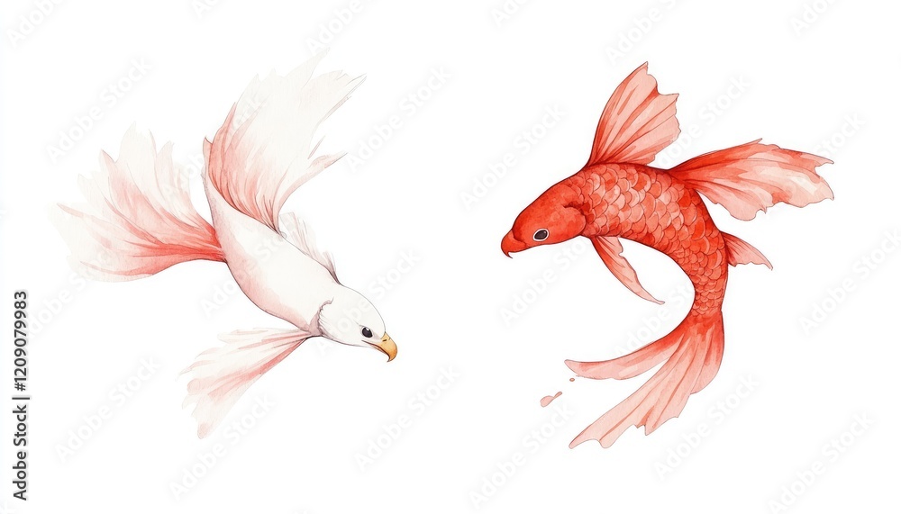 Obraz premium Two gracefully swimming goldfish, one white and one orange, in a serene aquatic environment, showcasing their elegance