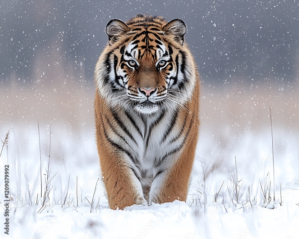 Obraz premium Majestic Siberian tiger standing confidently on a pure white background with sharp stripes and piercing eyes
