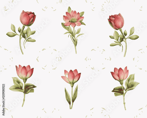 Pink Cute flowers set with green leaves