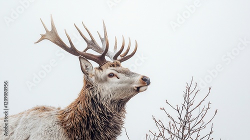 Majestic stag standing in profile its antlers towering against the white background