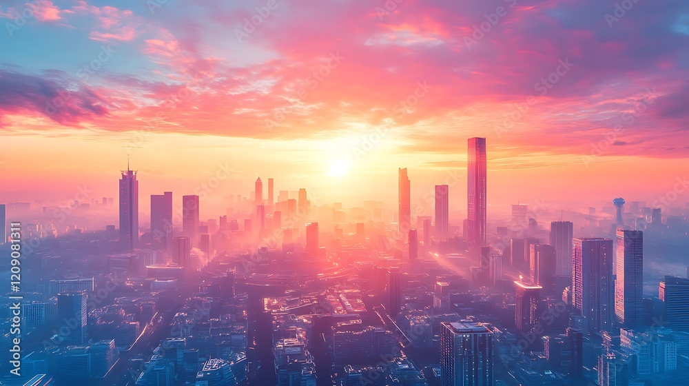 Fototapeta premium Aerial View captures a city at sunrise. The buildings are shrouded in a soft morning mist, with the sun creating a vibrant, colorful sky.