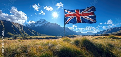 Vibrant New Zealand Flag Waving in Bright Blue Sky photo