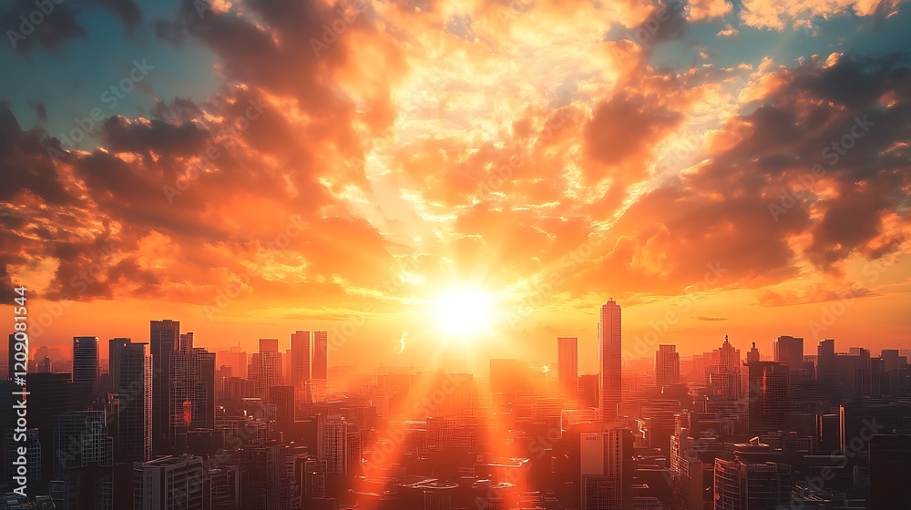 Obraz premium Breathtaking sunset paints the sky with vibrant oranges and reds casting a warm glow over a sprawling city skyline.