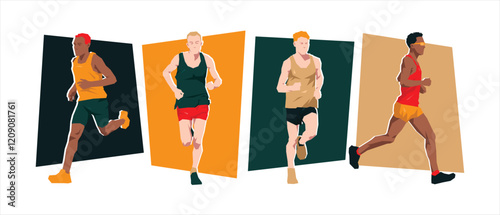 Set of male marathon runner with different pose, gesture. Isolated on white background. Vector illustration.