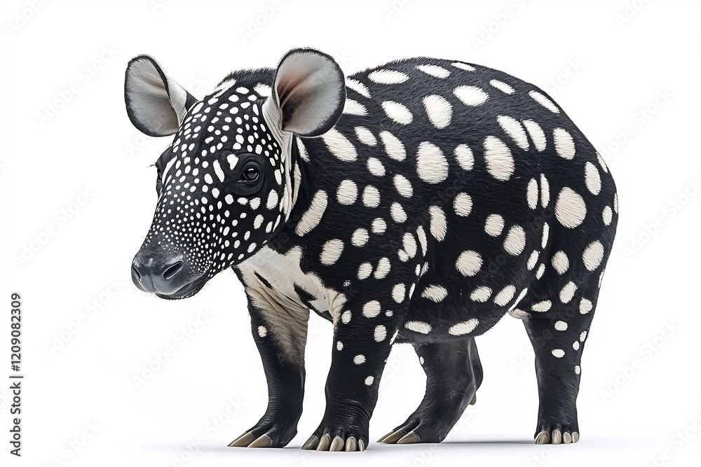 Fototapeta premium Malayan tapir with its unique black and white coat standing calmly on a white background