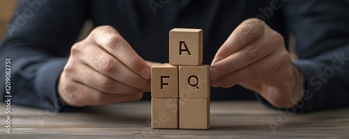 Businessman puts wooden blocks with the word FAQ (frequently asked questions). Collection of frequently asked
