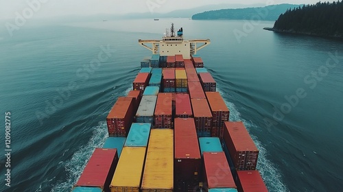 Container ship sailing Pacific Northwest inlet photo
