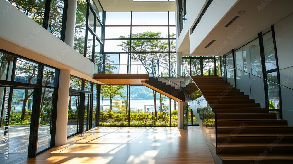 Obraz premium Modern glass building interior staircase, lake view, sunlight