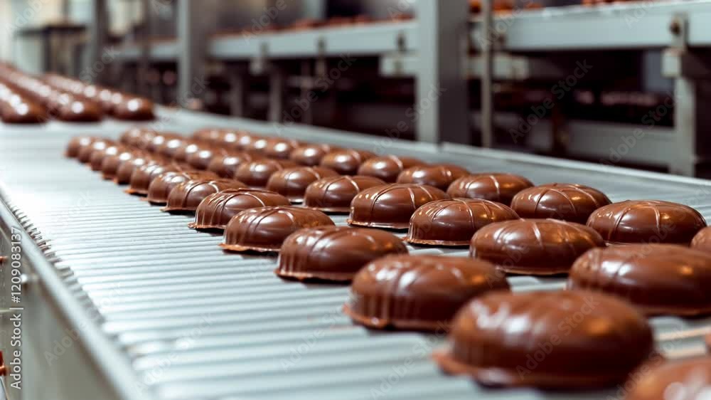 A modern confectionery factory showcasing an efficient chocolate candy production line equipped with a conveyor belt. Highlighting the industrial food processing and manufacturing concept.