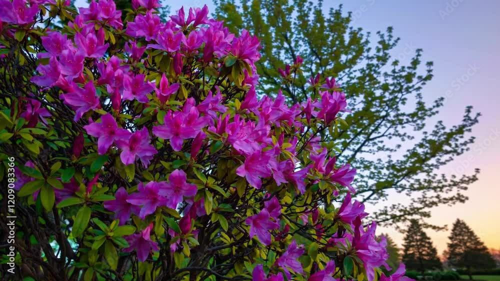 Vibrant Pink Azalea Bush at Sunset in a Lush Garden Vibrant Pink Azalea Bush at Sunset in a Lush Garden