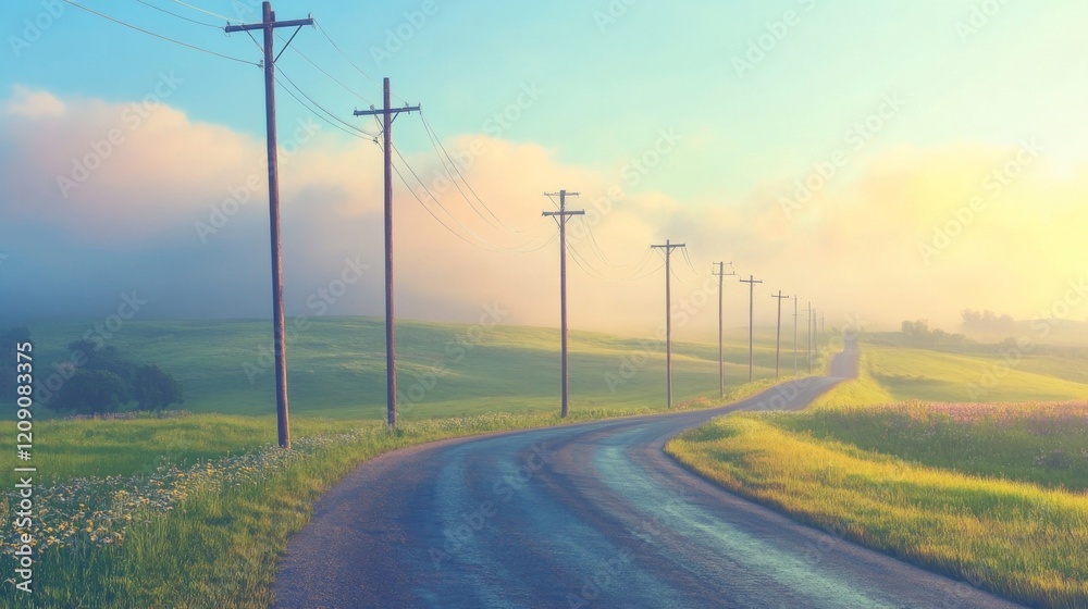 A serene rural scene featuring electricity poles lined along a winding country road, with fields of green grass and wildflowers creating a picturesque backdrop A serene rural scene featuring electricity poles lined along a winding country road, with fields of green grass and wildflowers creating a picturesque backdrop