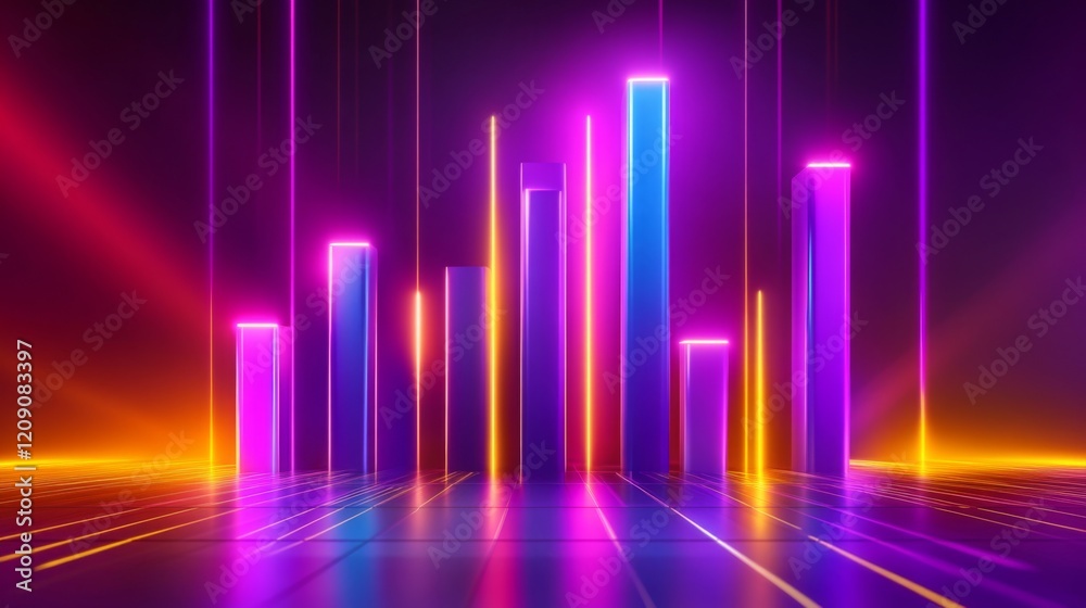 A set of glossy D bars rising dramatically from a financial dashboard, with neon highlights and subtle lighting effects to convey financial growth A set of glossy D bars rising dramatically from a financial dashboard, with neon highlights and subtle lighting effects to convey financial growth