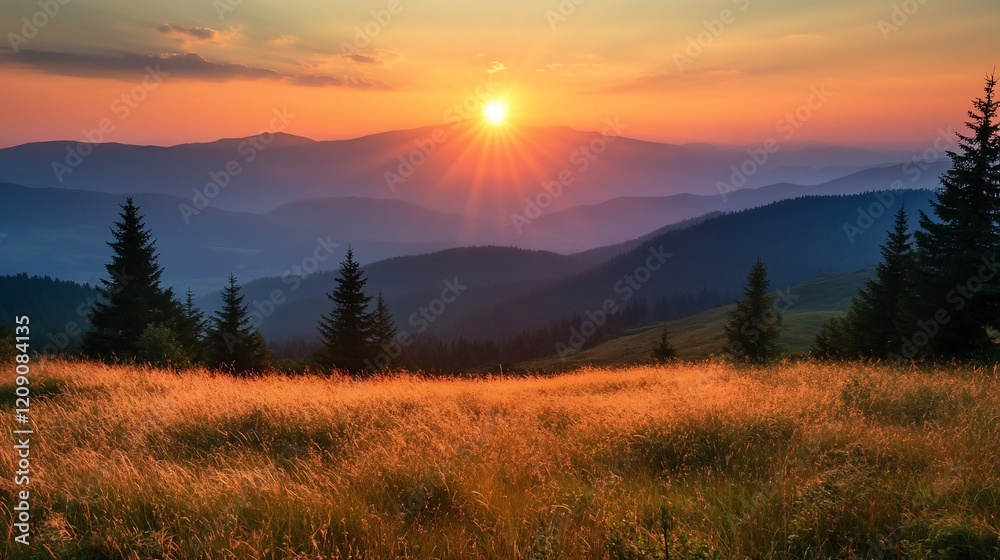 Obraz premium Sunset mountain meadow landscape, golden hour scenic view, picturesque summer background for travel posters