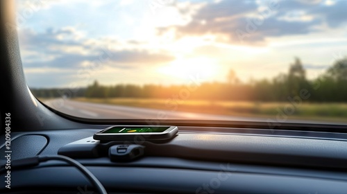 A wireless charger built into a car dashboard charging a phone during a road trip