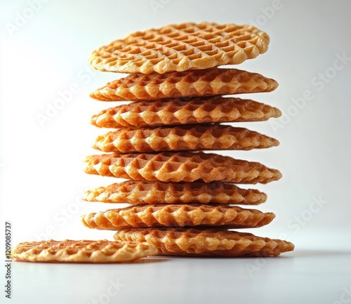 Golden Stroopwafels Cascading on White Background Minimalist Composition Food Concept photo