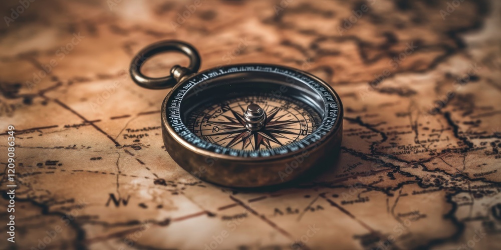 Magnetic old compass on world map.Travel, geography, navigation, tourism and exploration concept background. Macro photo. Very shallow focus., Generative AI Magnetic old compass on world map.Travel, geography, navigation, tourism and exploration concept background. Macro photo. Very shallow focus., Generative AI