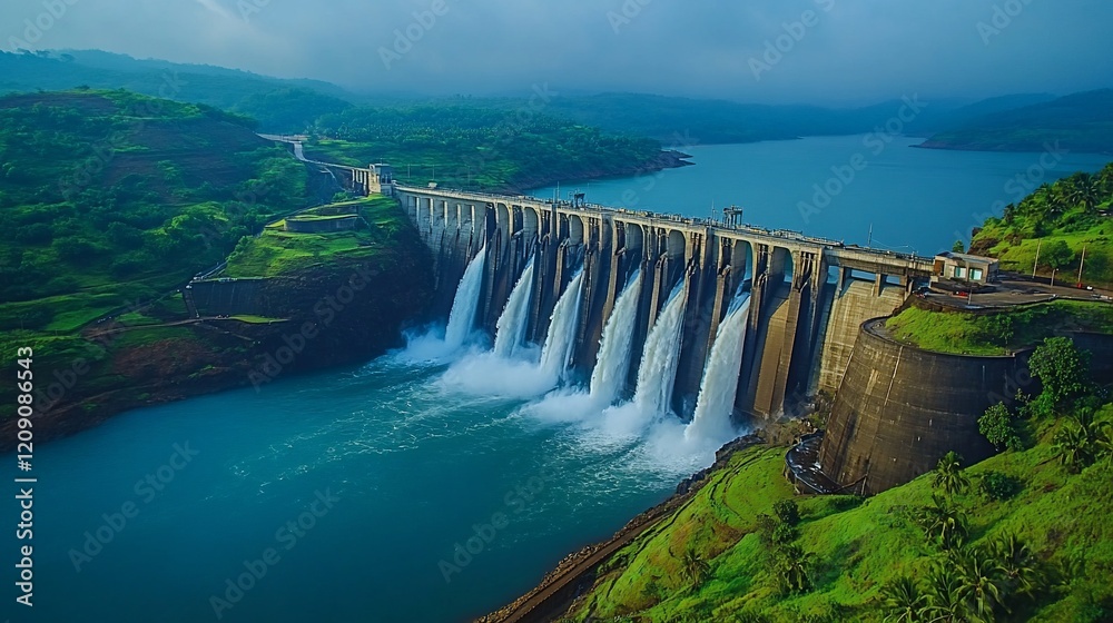 Dam releasing water, river valley, hydroelectric power generation Dam releasing water, river valley, hydroelectric power generation