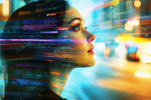 Portrait of a woman in a tech-inspired setting, utilizing vibrant colors and dynamic shapes to enhance depth and perspective