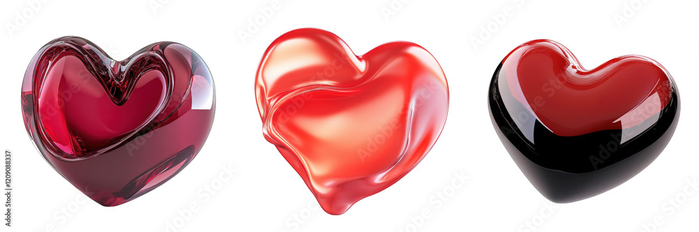 Three glossy heart shapes, varying in color from deep red to shiny black, create a vibrant and striking visual composition. Three glossy heart shapes, varying in color from deep red to shiny black, create a vibrant and striking visual composition.
