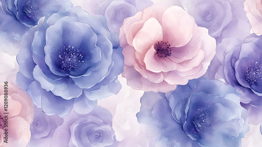 A seamless pattern of delicate watercolor flowers in shades of purple and blue, arranged on an isolated white background. A seamless pattern of delicate watercolor flowers in shades of purple and blue, arranged on an isolated white background.