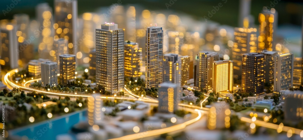 Illuminated Night Cityscape Model Modern Architecture Urban Development Real Estate Illuminated Night Cityscape Model Modern Architecture Urban Development Real Estate