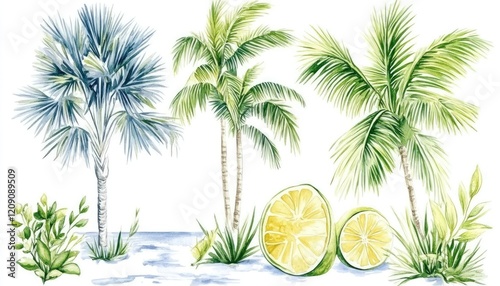 Lush Tropical Scene Featuring Palm Trees and Fresh Limes in a Serene Coastal Environment