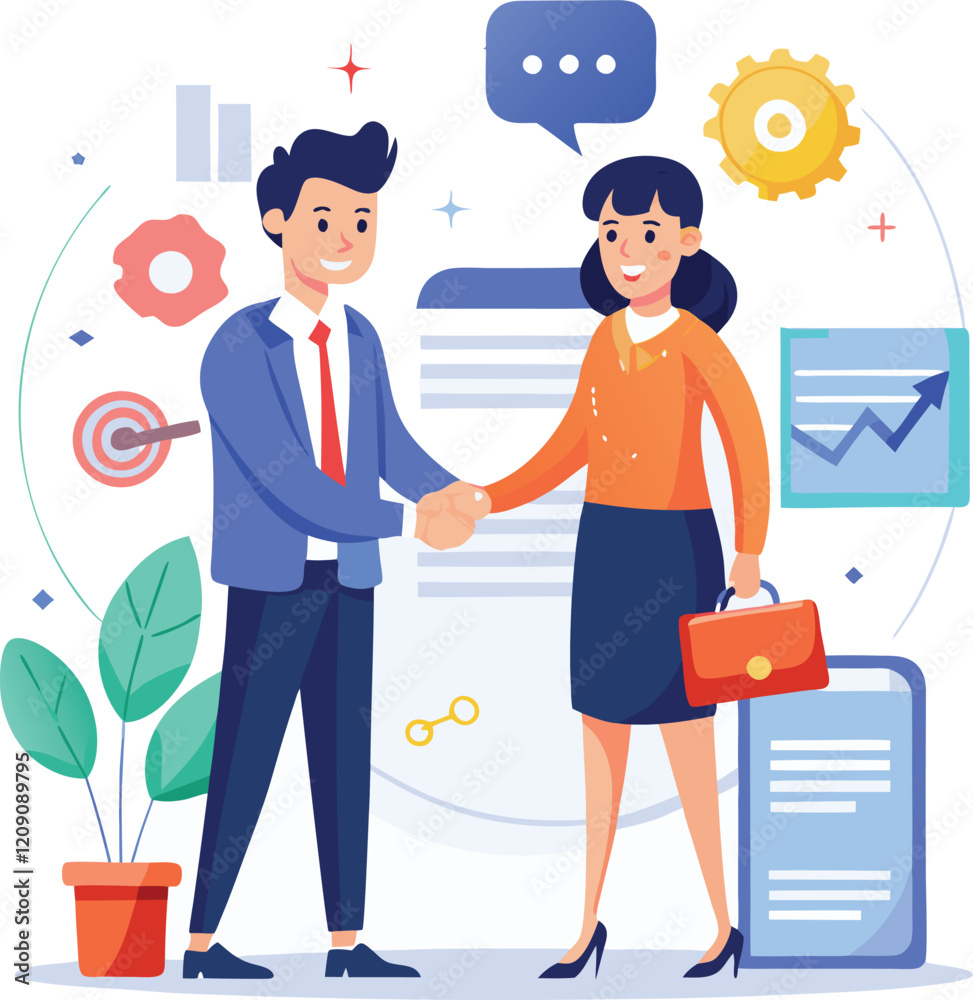People shaking hands at work - Two businesspeople, man and woman doing handshake in office at work while smiling over business agreement and deal. Flat design stock illustration on white background People shaking hands at work - Two businesspeople, man and woman doing handshake in office at work while smiling over business agreement and deal. Flat design stock illustration on white background