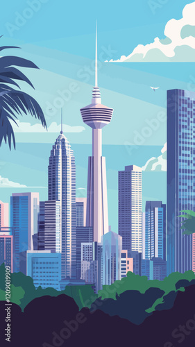 Minimalist Vector Illustration of Kuala Lumpur Skyline Featuring Petronas Towers