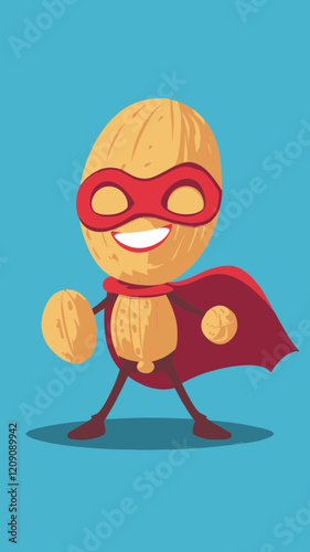 Playful Peanut Superhero Character with Red Cape and Mask Vector Art