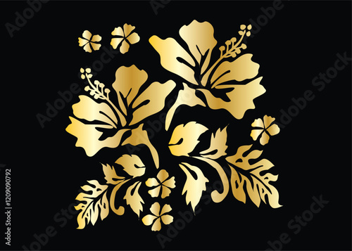 tBlack and white hand drawn hibiscus flower and gold color, special for special motif photo