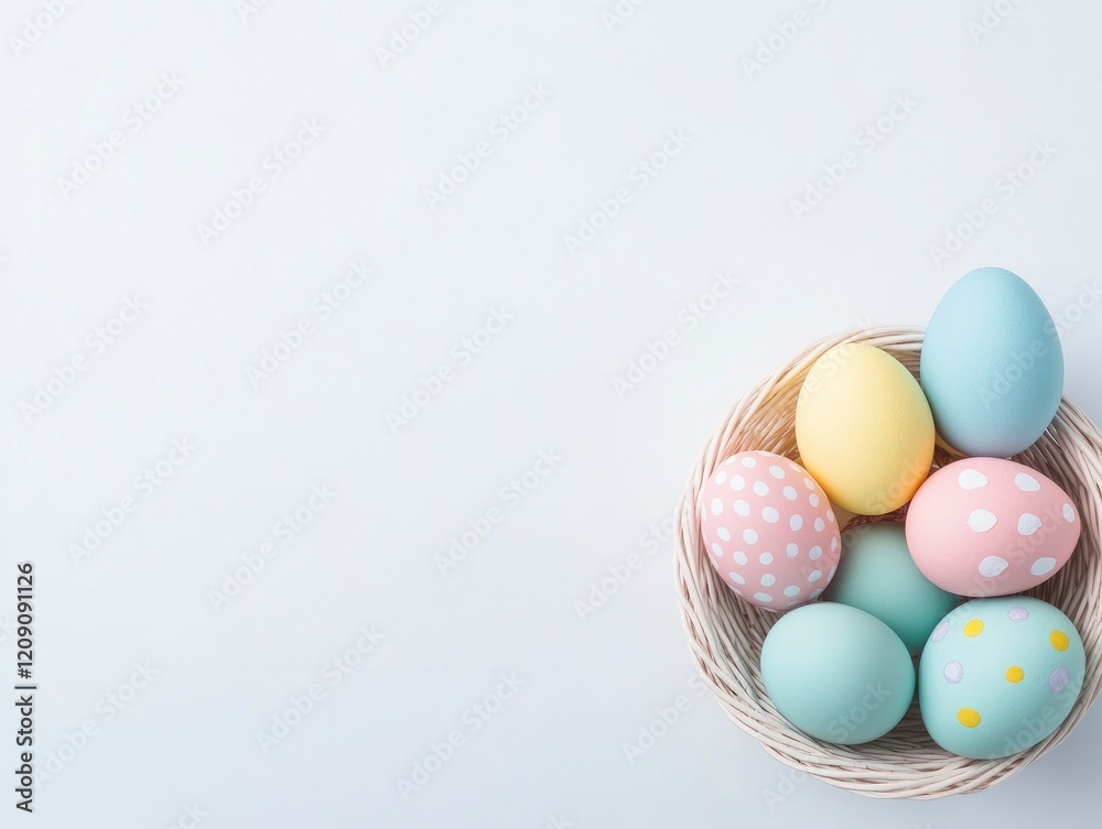 colorful printed easter eggs in a basket on a white background colorful printed easter eggs in a basket on a white background
