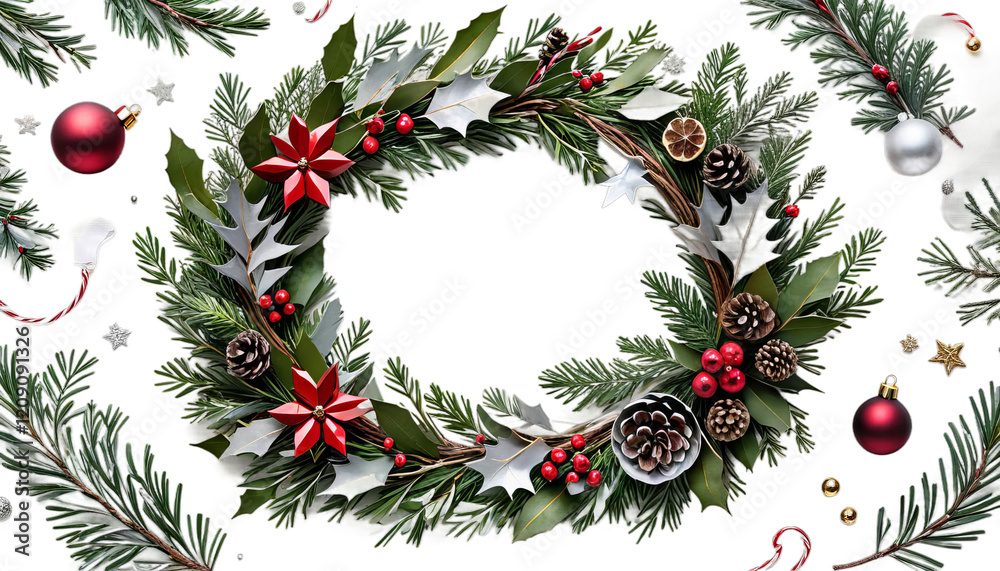 wreath christmas watercolor banner olated metallic white frame tree decoration holiday branch border fir chaplet pine winter celebration green card