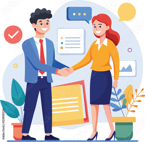 People shaking hands at work - Two businesspeople, man and woman doing handshake in office at work while smiling over business agreement and deal. Flat design stock illustration on white background