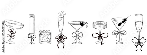 Set of alcoholic Cocktails with bowknots and ribbons. Drink Glasses for negroni and ice, daiquiri, manhattan, martini, margarita, gin and tonic, mimosa, cosmopolitan. vector black and white 