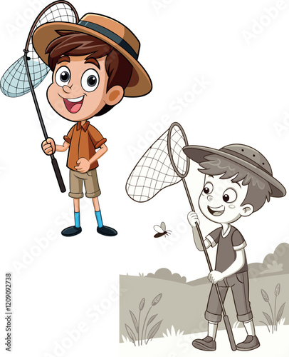 Young explorer catching insects with butterfly net in nature