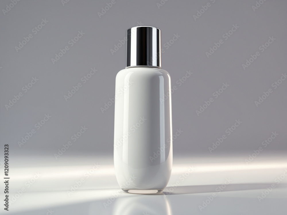 A 3D rendering of a sleek white cosmetic bottle with a shiny silver cap, set against a minimalist gray background. A 3D rendering of a sleek white cosmetic bottle with a shiny silver cap, set against a minimalist gray background.